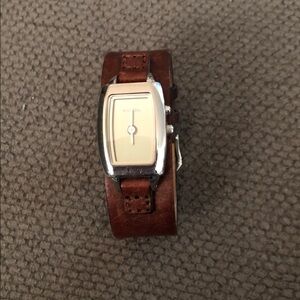 Fossil Silver Case Watch with Brown Leather Band